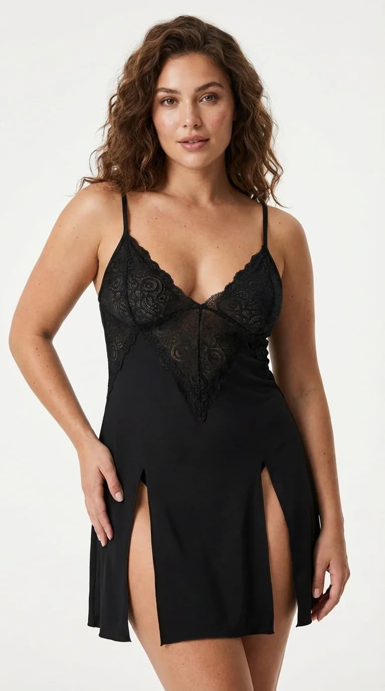 KOTA Siyah Saten Slip Gecelik Göğüs Dantel İşlemeli Mini Model - Mini Model Detay