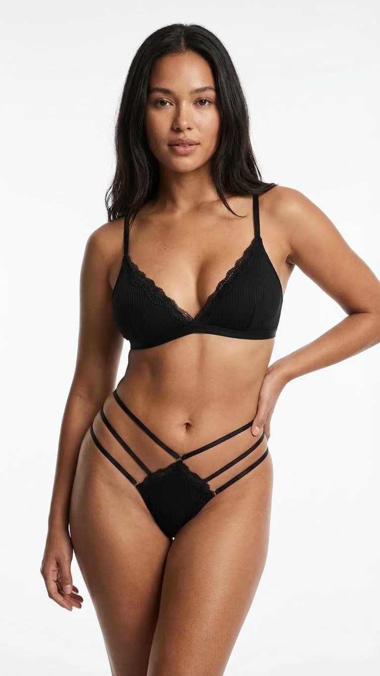 Siyah Yanları İpli Strappy Tanga - Ön Görünüm