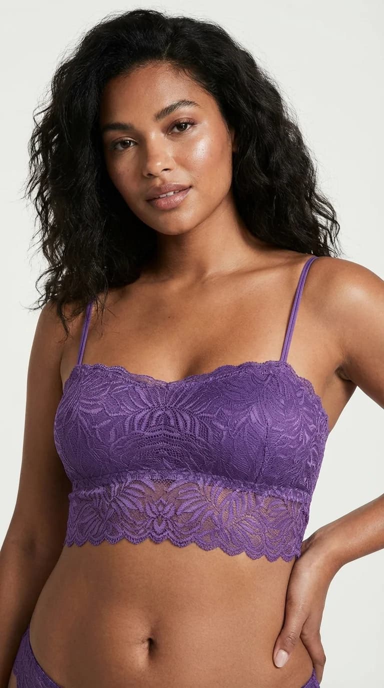 LunaIntim Violet Dantelli Longline Bralet Ceket İçi Crop Büstiyer ve Boş Kap Sütyen - Gövdeyi Saran Longline Kesim