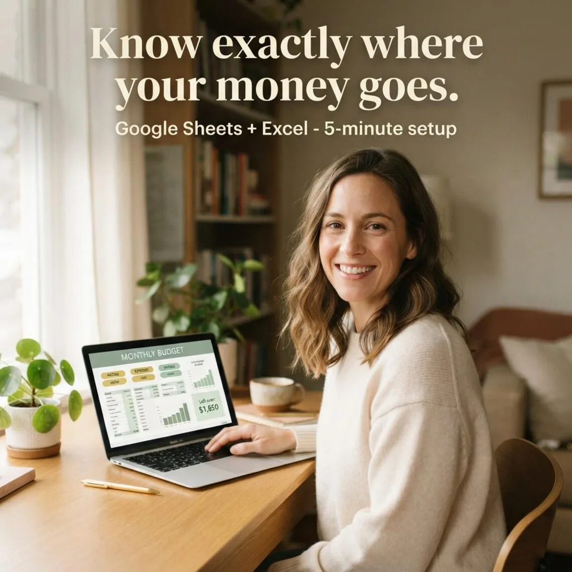 Woman at a desk reviewing the monthly budget dashboard of an annual budget spreadsheet on her laptop, with income, spending and leftover on screen