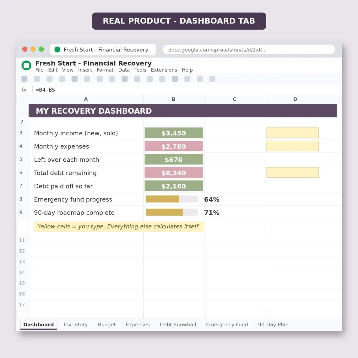Fresh Start Google Sheets kontrol paneli: aylık gelir, gider, kalan borç ve acil durum fonu ilerlemesi, sarı hücreler giriş alanı