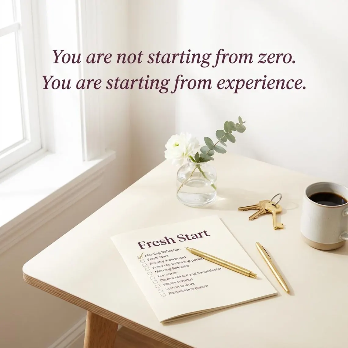 Masada açık duran basılı Fresh Start kontrol listesi, altın kalem, anahtarlık ve kahve fincanı