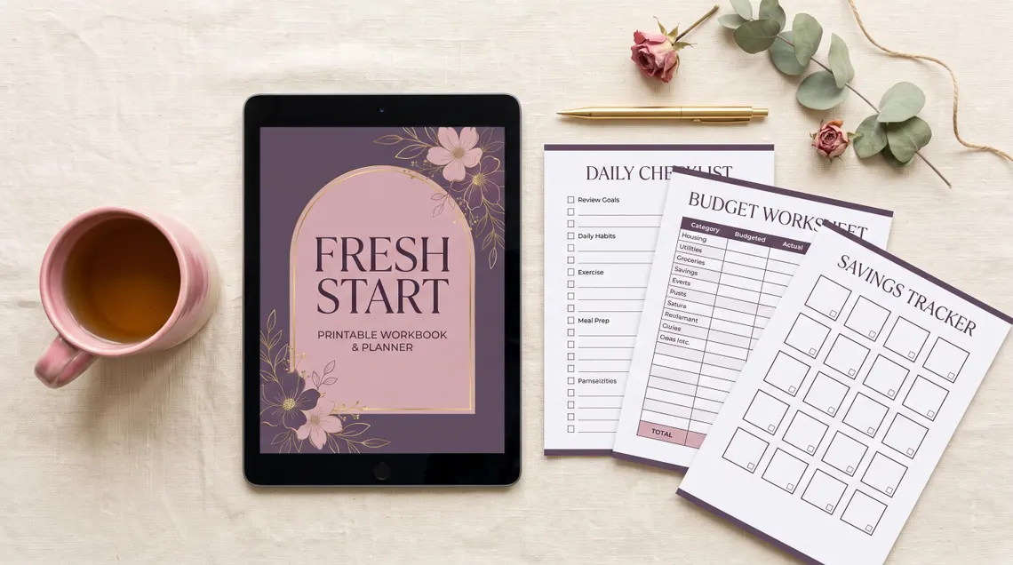 Tablet üzerinde Fresh Start çalışma kitabı kapağı, yanında basılı günlük kontrol listesi, bütçe çalışma sayfası ve birikim takip tablosu