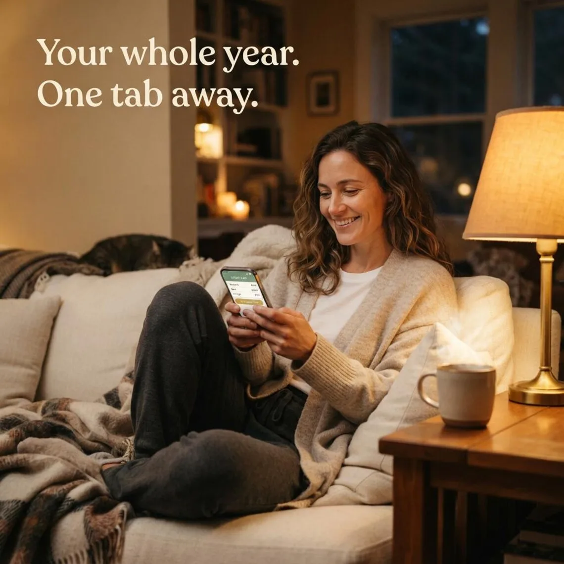 Woman on a sofa in the evening checking her safe-to-spend figure in the budget spreadsheet on her phone