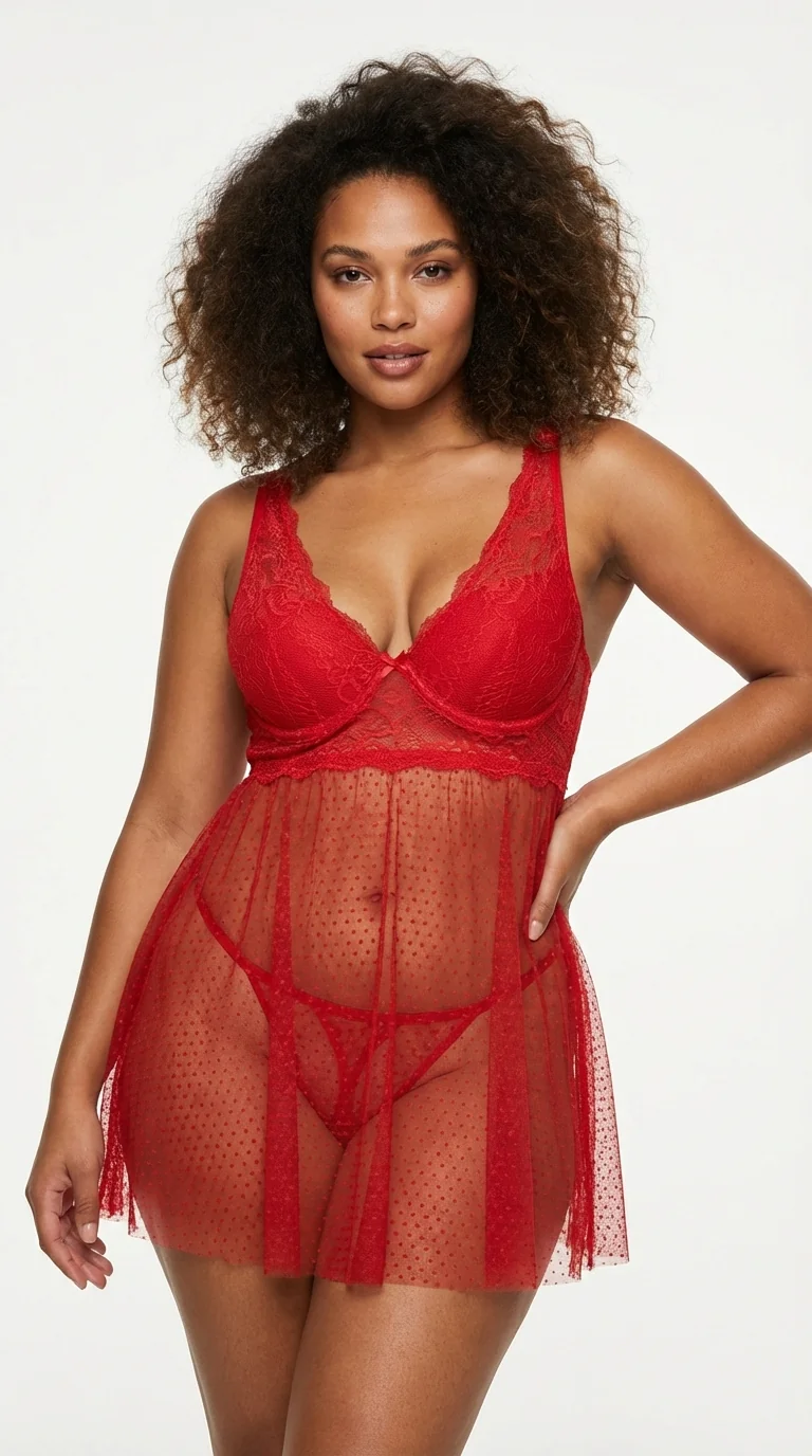 LunaIntim Ateş Kırmızısı Puantiyeli Tül Babydoll Transparan ve Fırfırlı Gecelik Takımı - Ön Görünüm